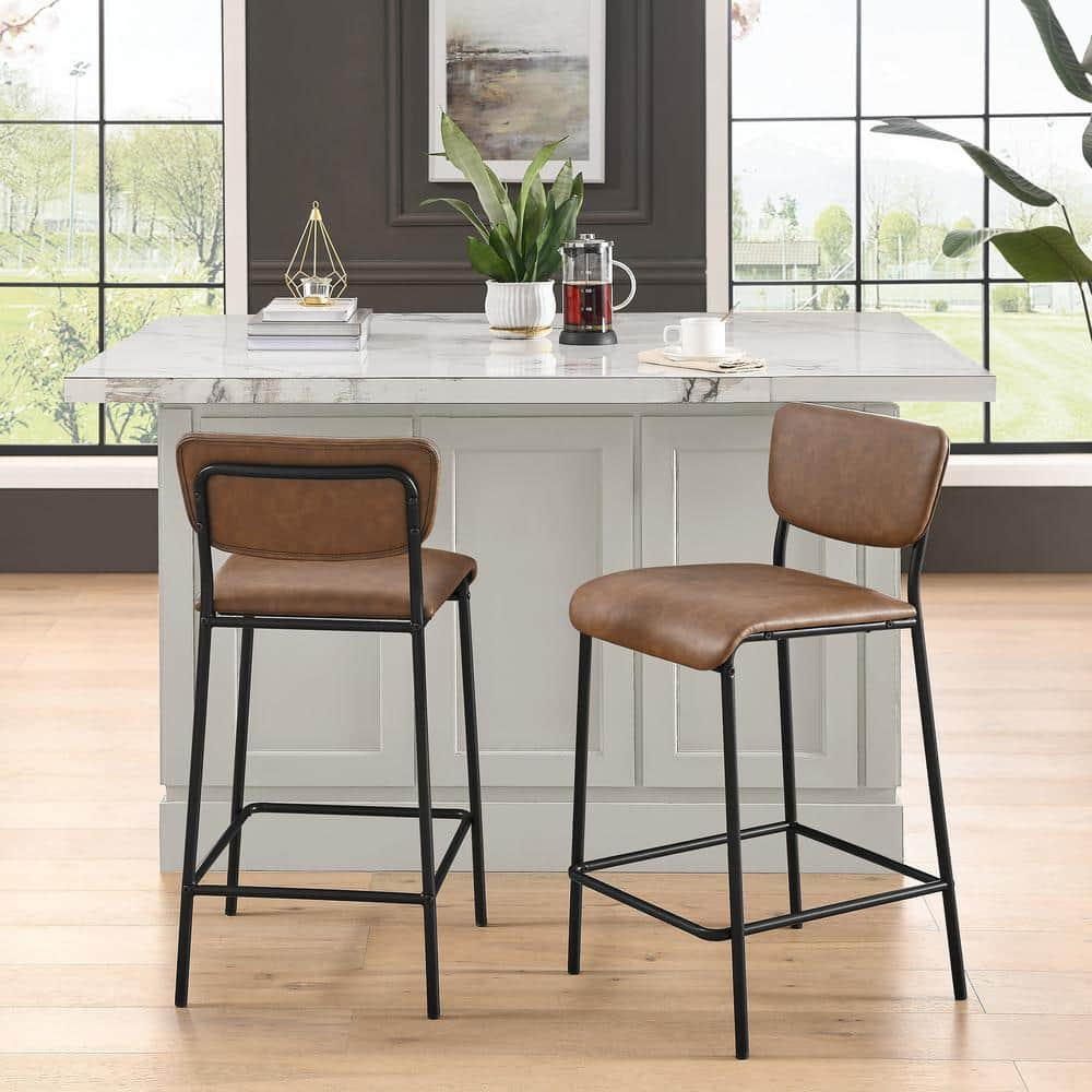 34.50 in. Brown Low Back Metal Bar Stools Dining Chair Counter Stools with Footrest and Faux Leather Seat (Set of 2) HY02010Y