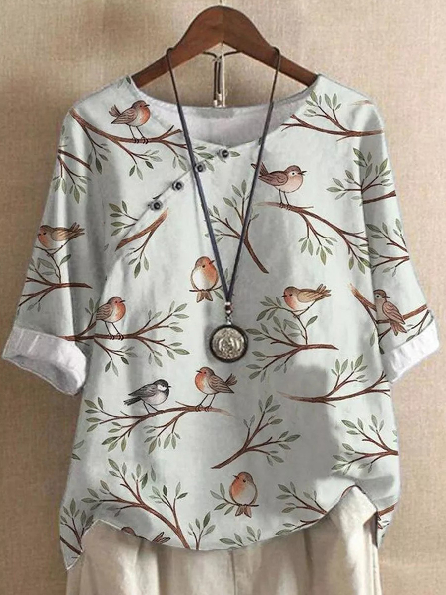 Printed Half Sleeves Buttoned Crew Neck Blouse