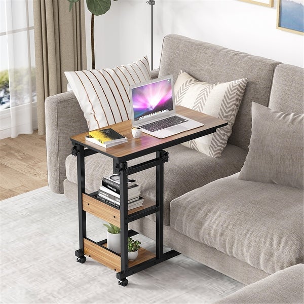 Height Adjustable C Table， Sofa Side Tables， Mobile End Table with Storage Shelves