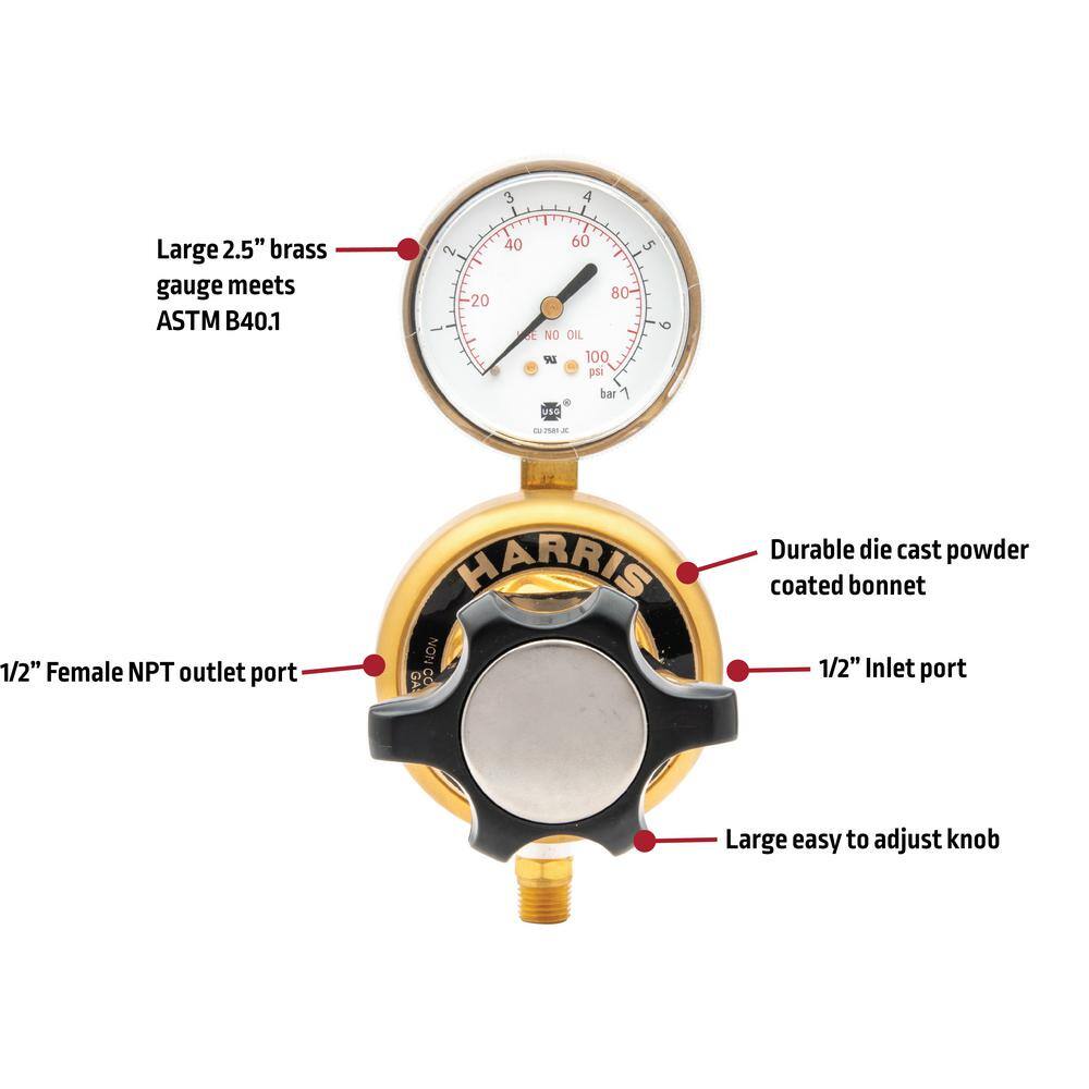 Harris High-Flow Single Gauge Inline Manifold Nitrogen Helium Argon Hydrogen Oxygen Regulator 0-50 PSIG 12 in. FNPT 4000801