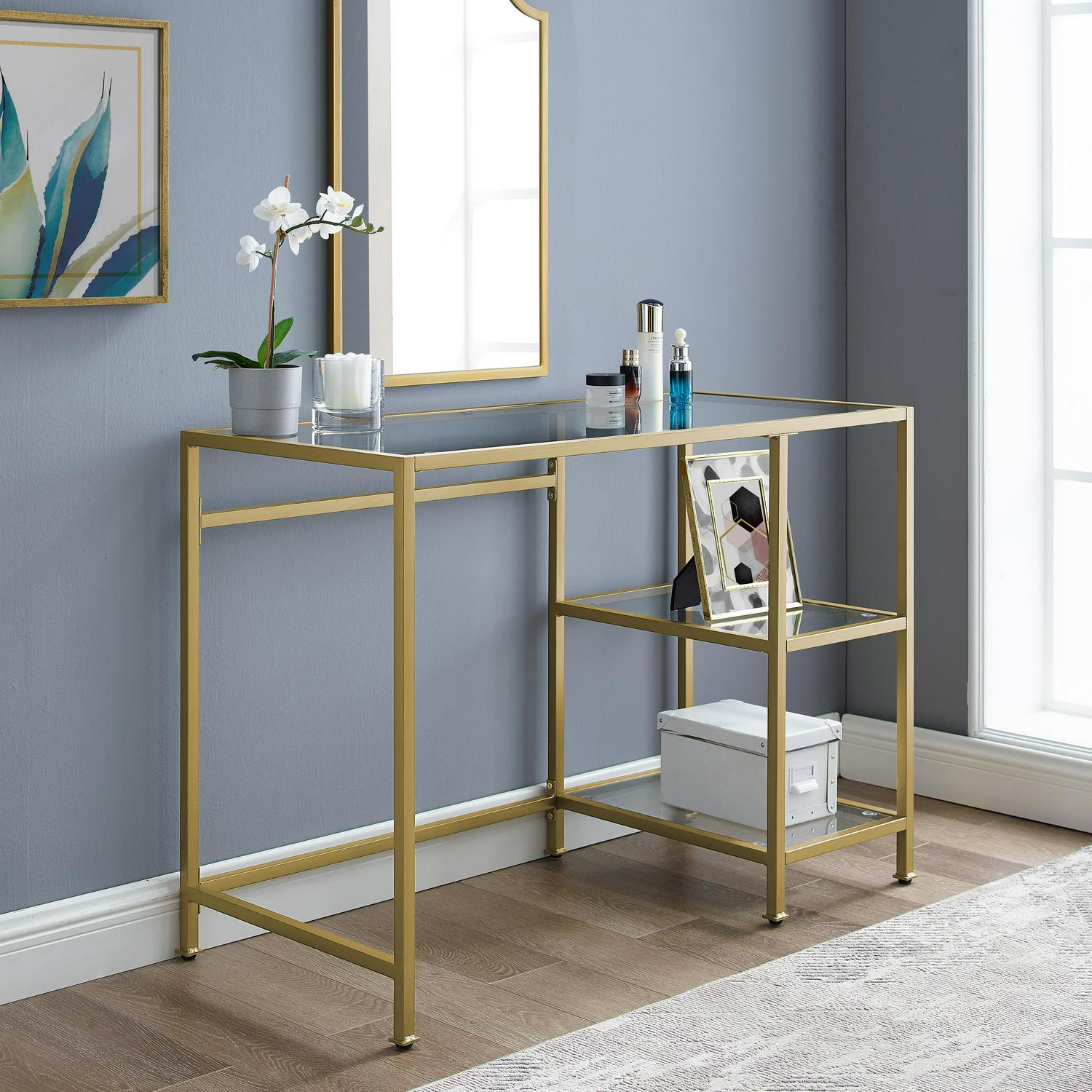 Crosley Furniture Aimee Steel Desk， Gold/Clear