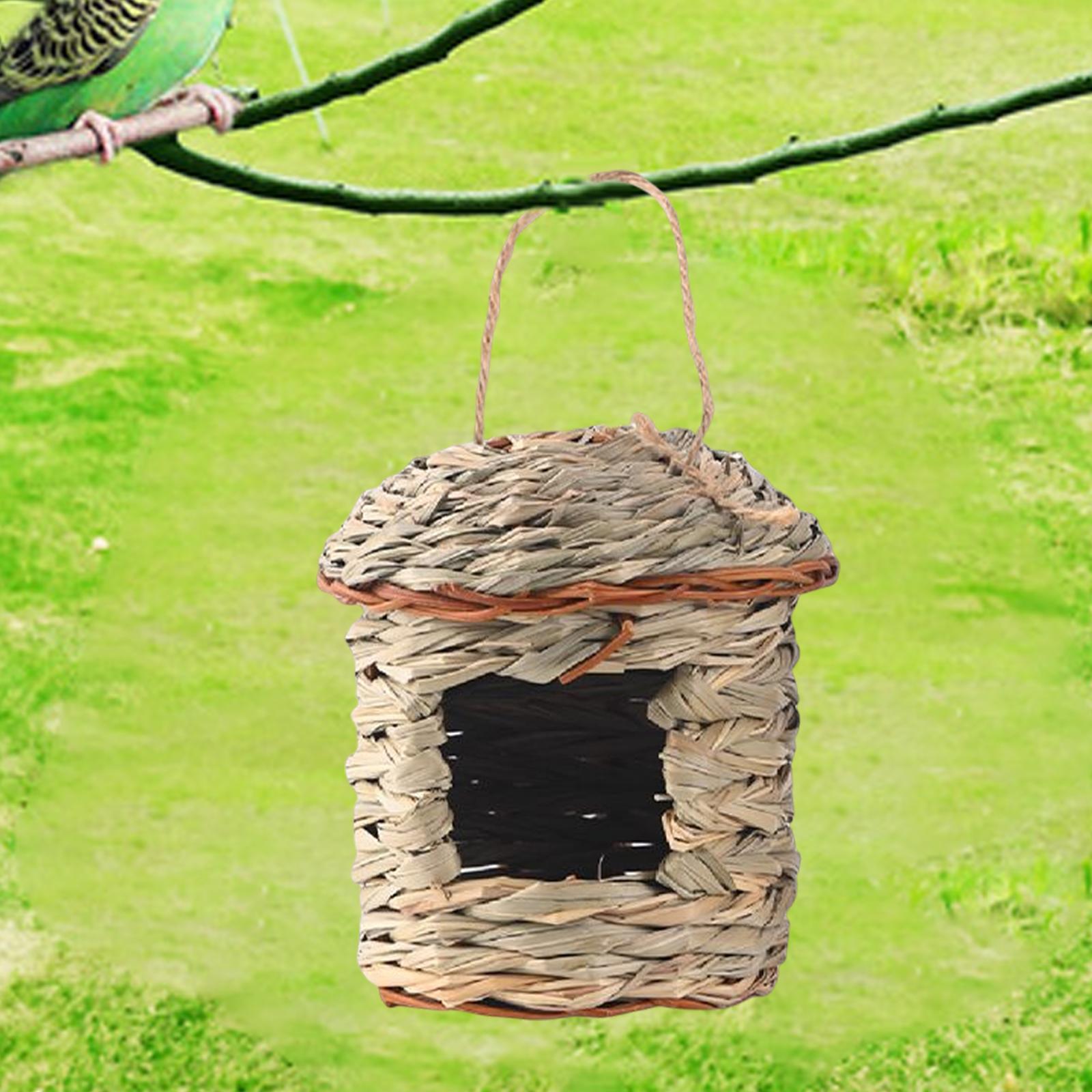 Natural Grass Hung Straw Nest with Viewing Window Parrots Chickadee Canary Bird 14x10cm