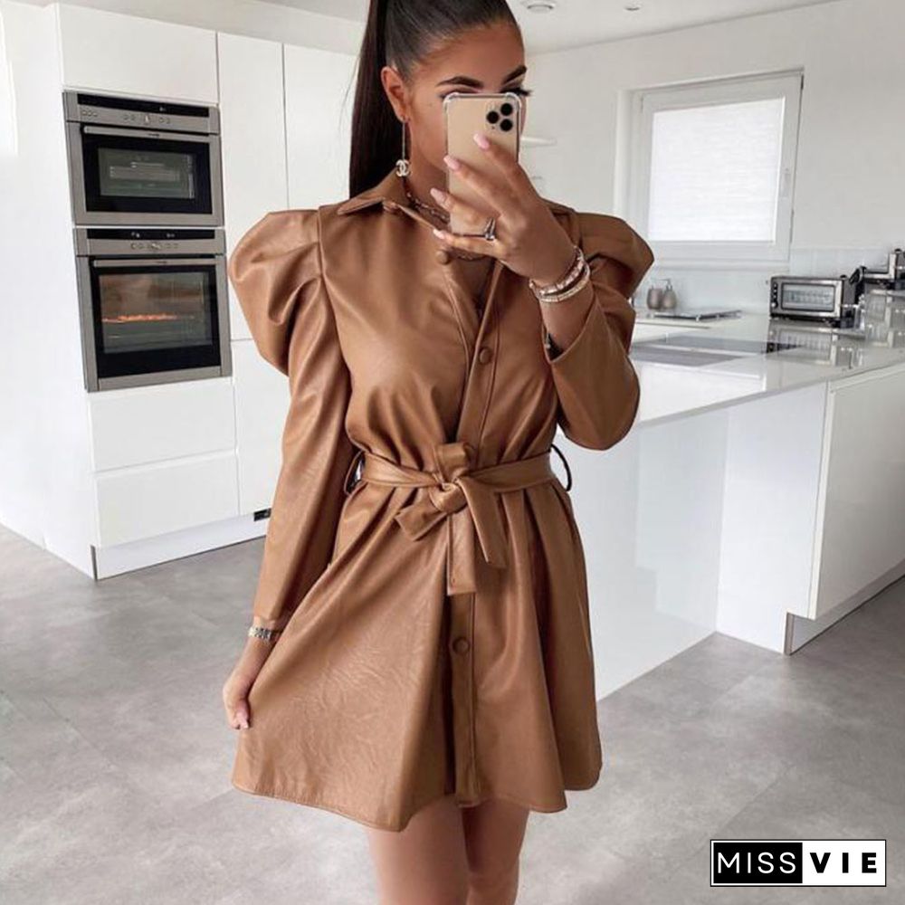 Winter Women Fashion PU Leather Dress Sashes Long Sleeve Short Dress Single-Breasted Casual Dress High Street Khaki Clothing New