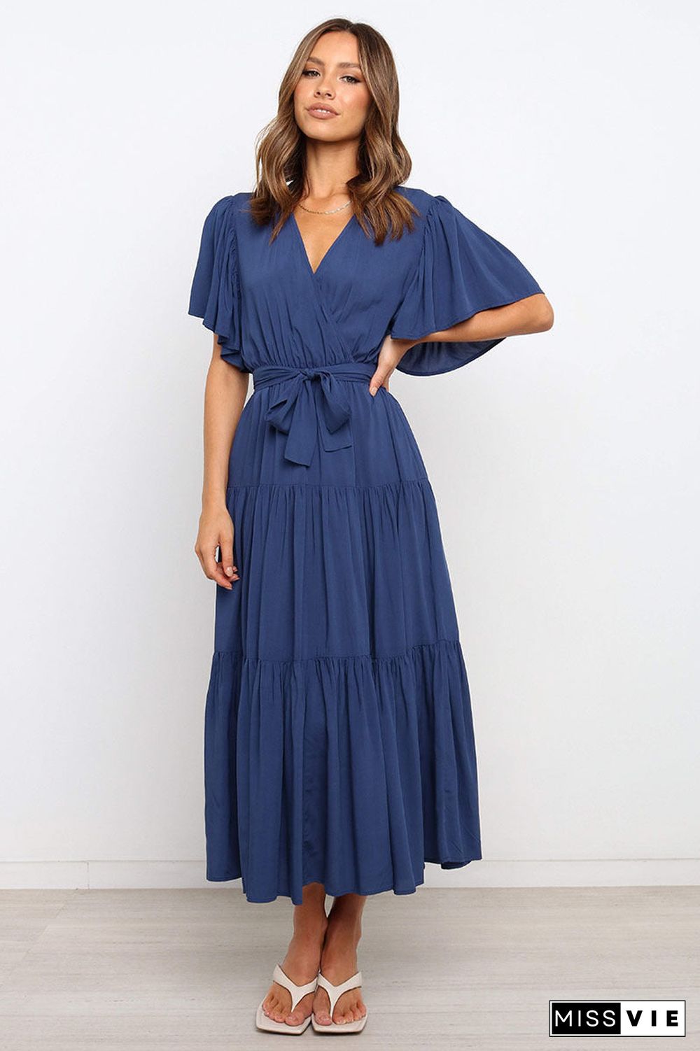 V Neck Tie Waist Short Sleeve Maxi Dress