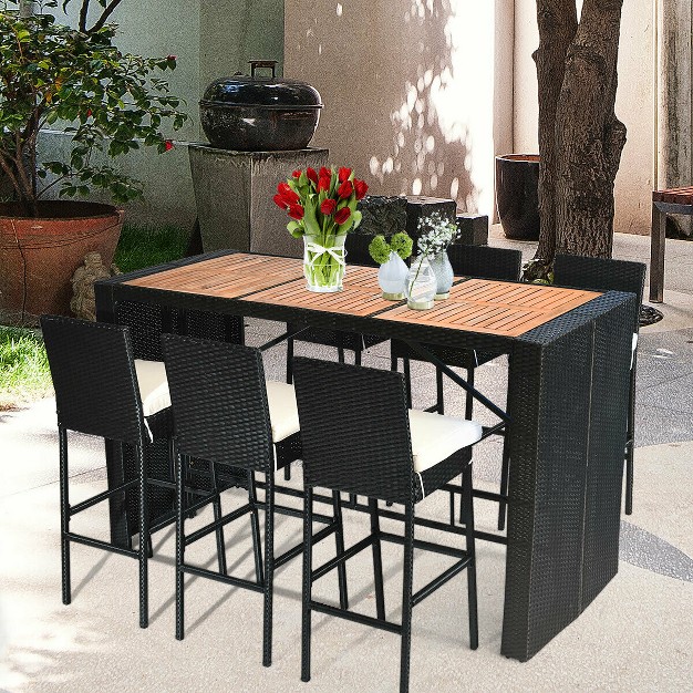 Costway 7 Pcs Patio Rattan Wicker Bar Dining Furniture Set Wood Table Top 6 Stools