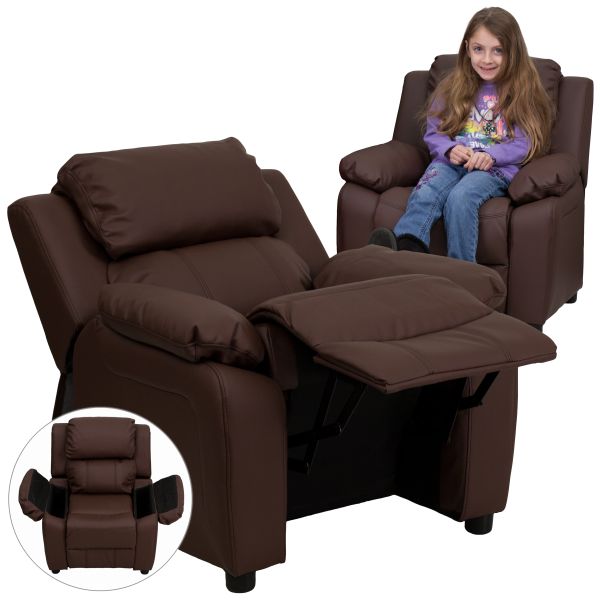 Flash Furniture Deluxe Heavily Padded Contemporary Brown Leather Kids Recliner with Storage Arms [BT-7985-KID-BRN-LEA-GG]