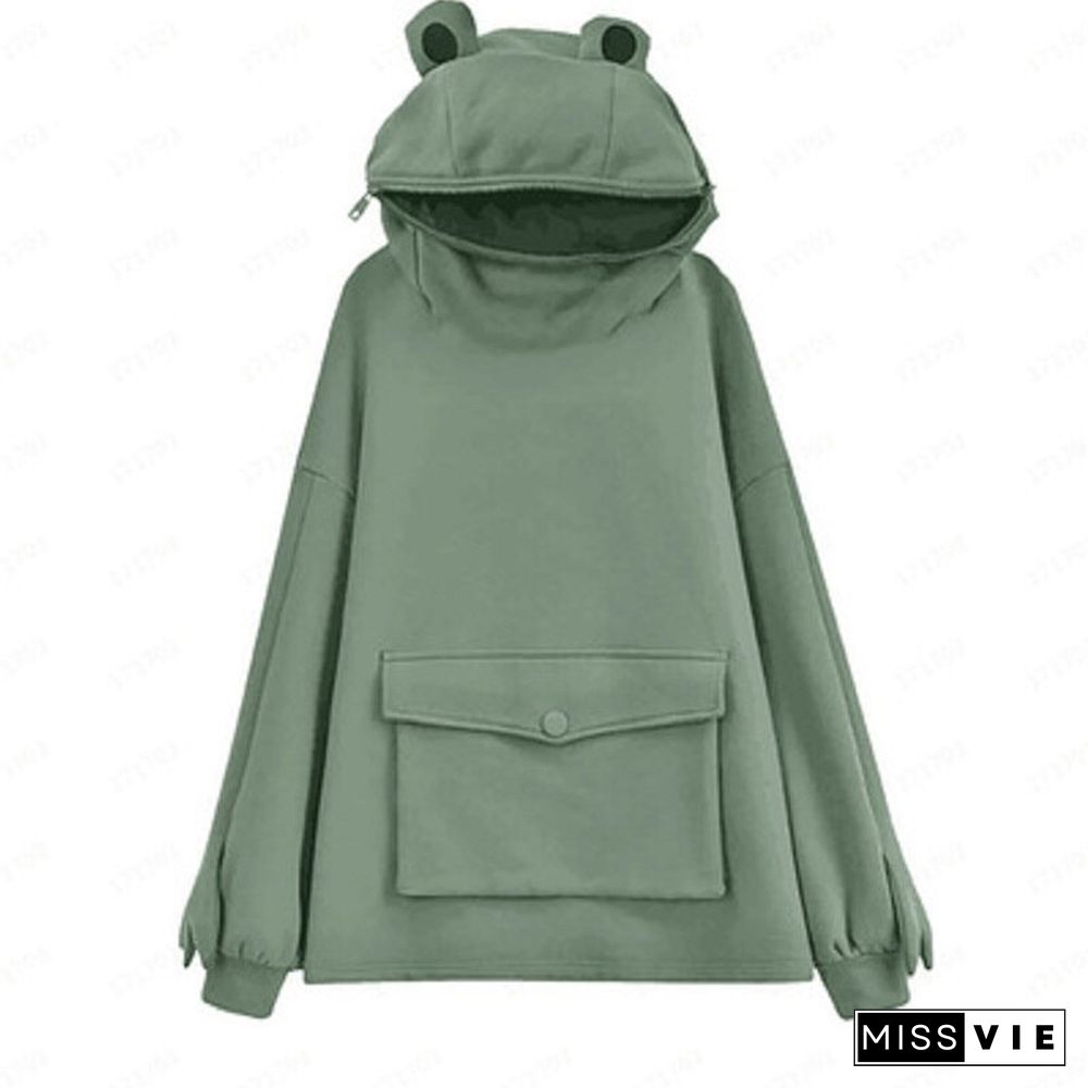 Frog Hoodie Women Cute Funny Embroidery Letter Plus Velvet Thickened Kawaii Harajuku Streetwear Christmas Hoodie