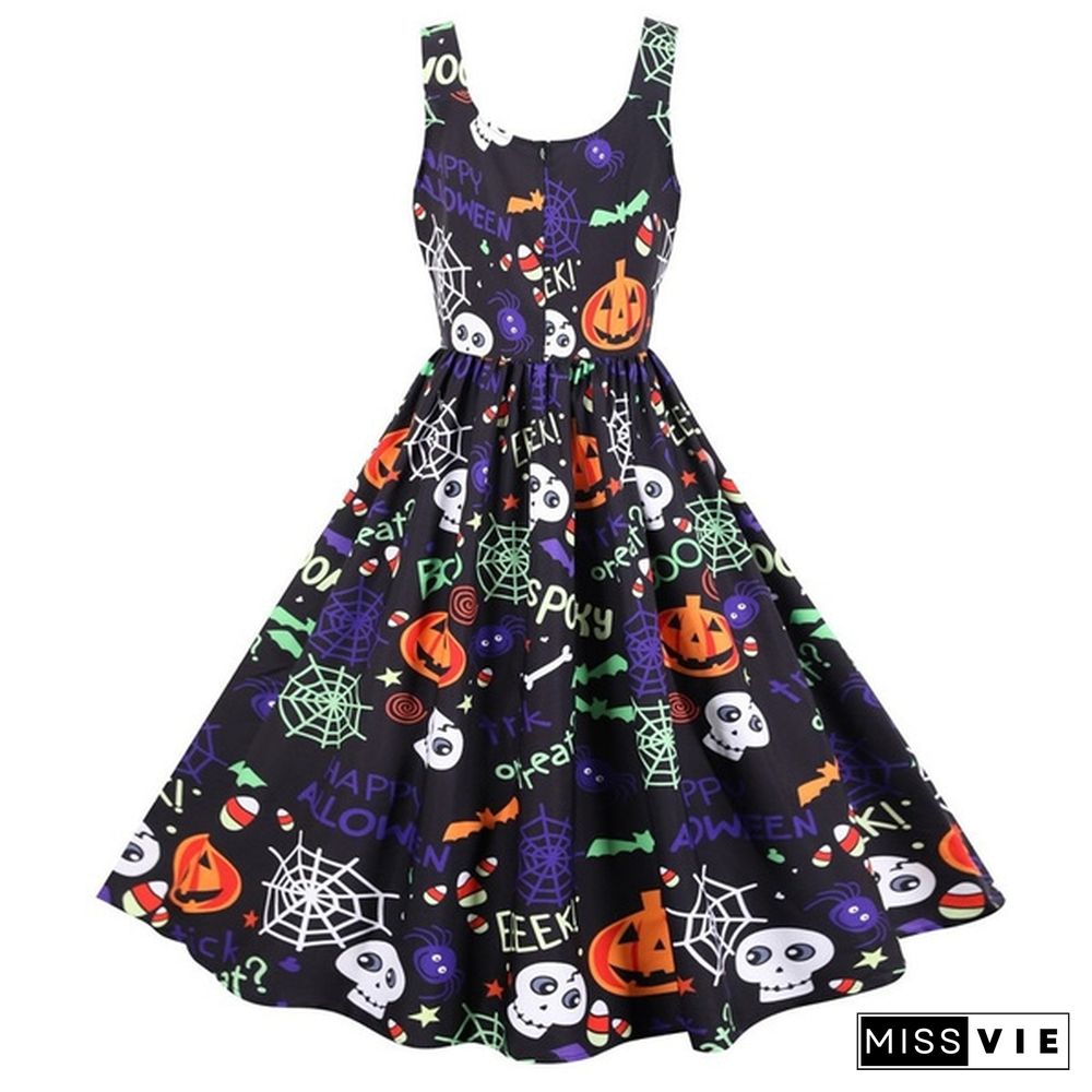 Women Halloween Party Dress Sleeveless Skull Pumpkin Printed Swing Dress