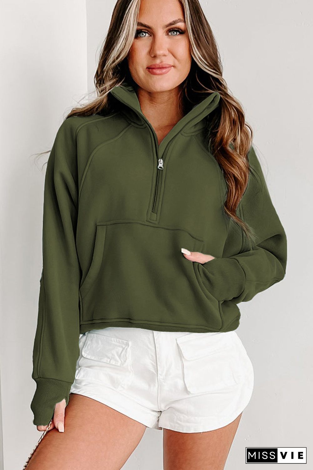 Green Zip Up Stand Collar Ribbed Thumbhole Sleeve Sweatshirt