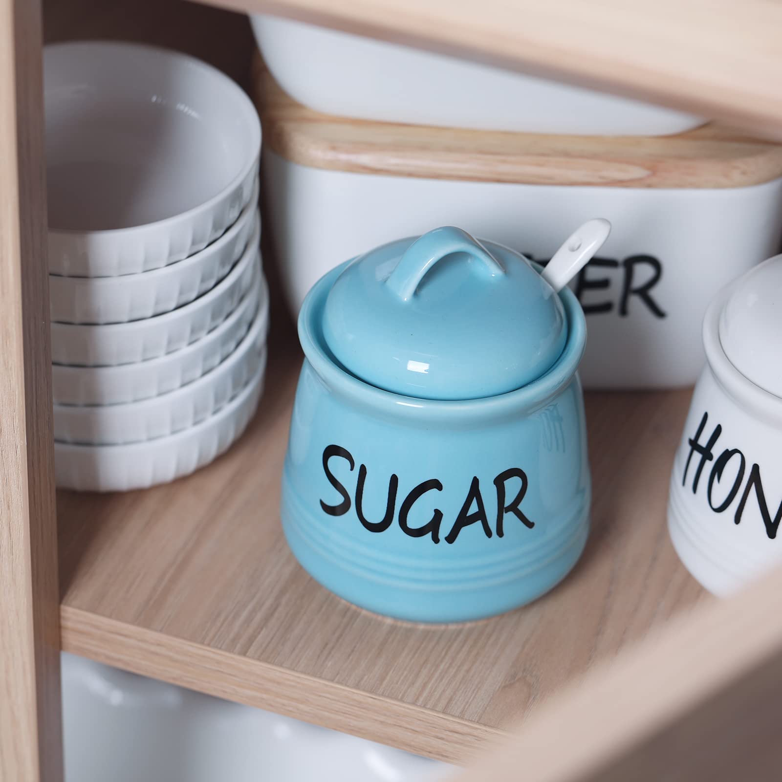 HAOTOP Porcelain Sugar Bowl with Lid and Spoon 12oz (Turquoise)