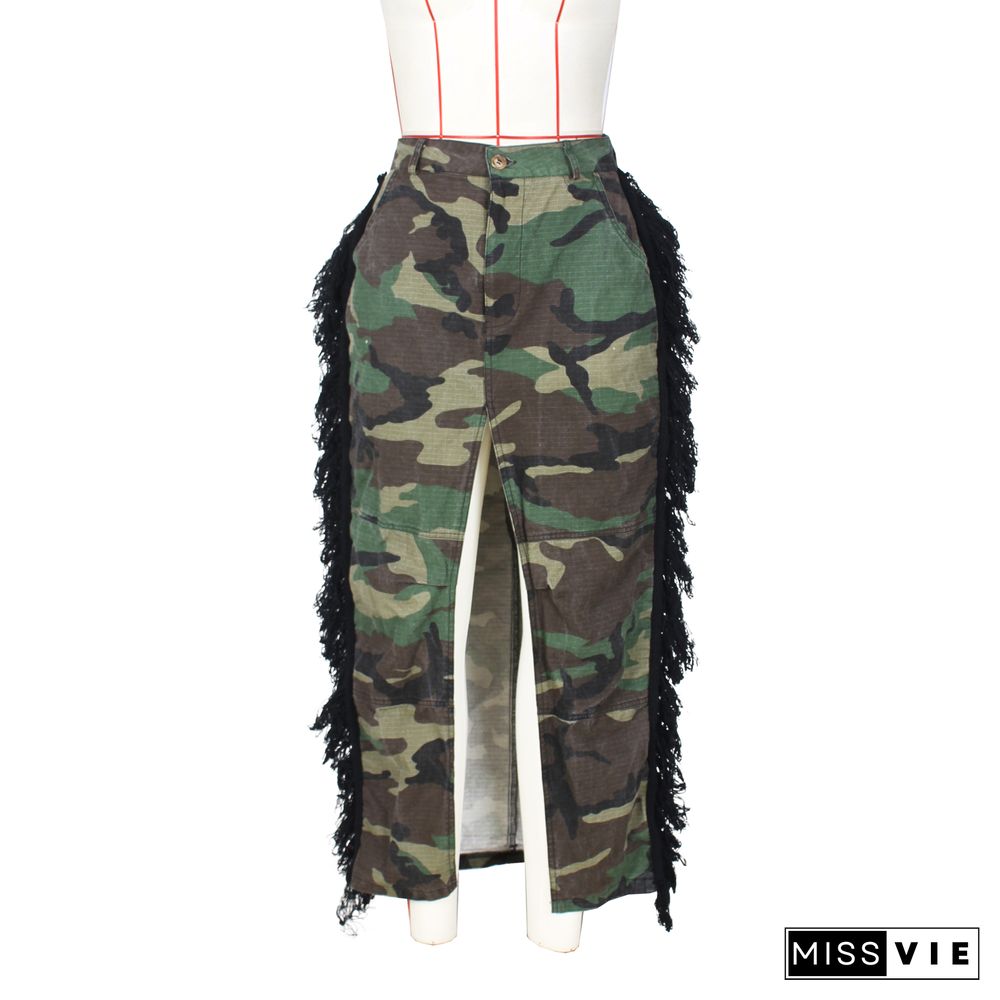 Camo Print Streetwear Tassel Side High Slit Skirt