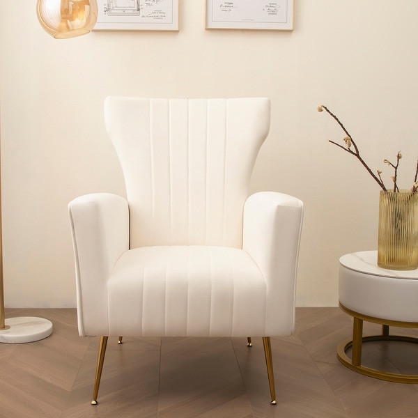 Velvet White Accent Chair， Wingback Arm Chair with Gold Legs