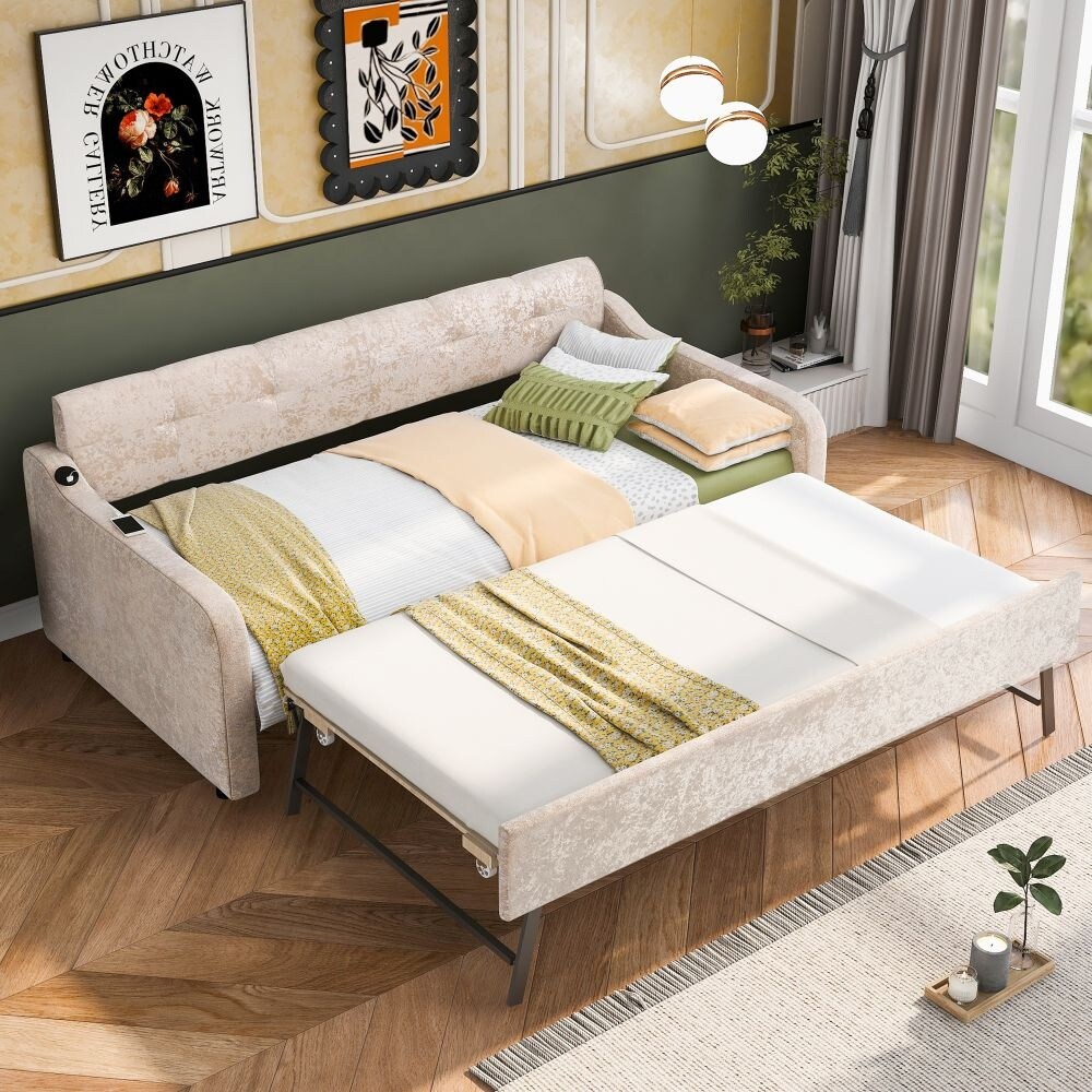 Twin Size Snowflake Velvet Daybed with Trundle and USB Charging Design