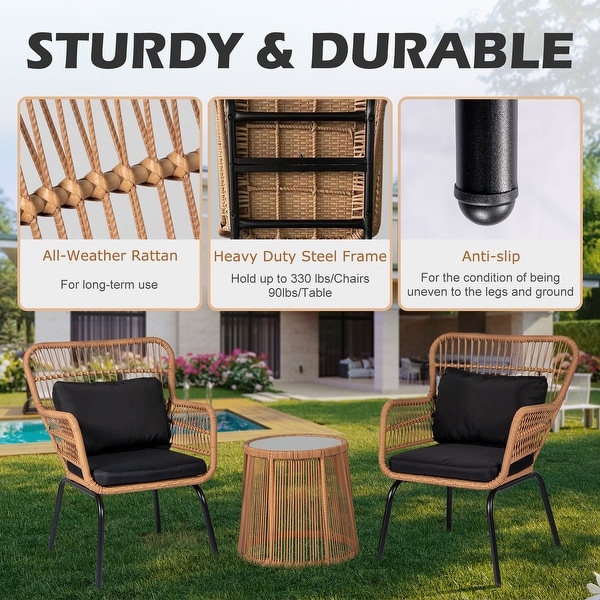 3 Piece Outdoor Wicker Conversation Bistro Set，AllWeather Rattan Furniture Patio Chairs Set with Cushions