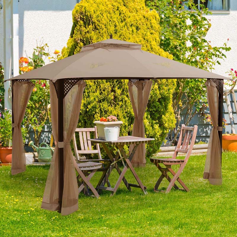 12 x 10 FT Patio Metal Gazebo with Netting & 2 Tier Roof, Heavy Duty Outdoor Canopy Gazebo Tent for Party