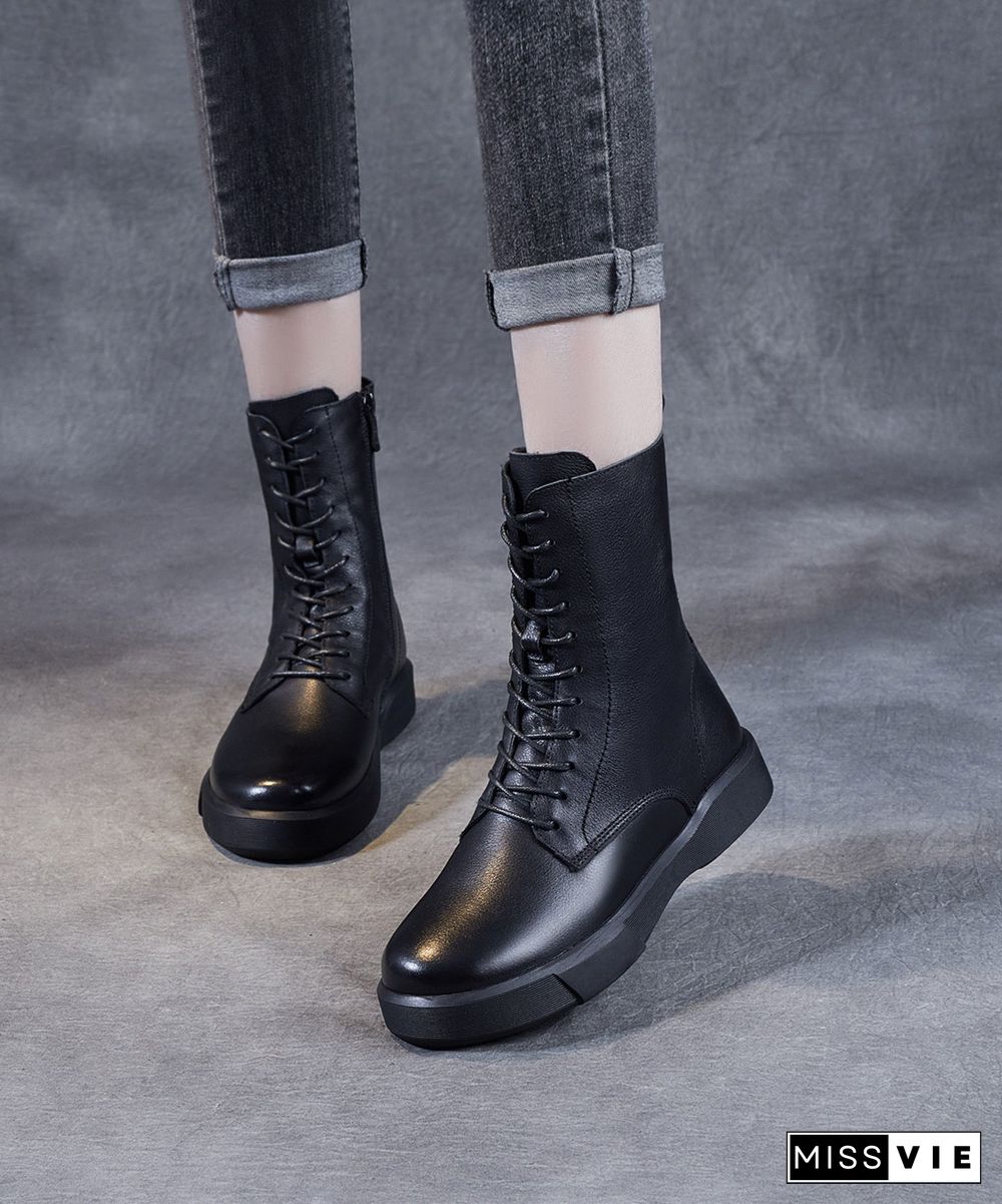 Chic Black Platform Cowhide Leather Lace Up Boots