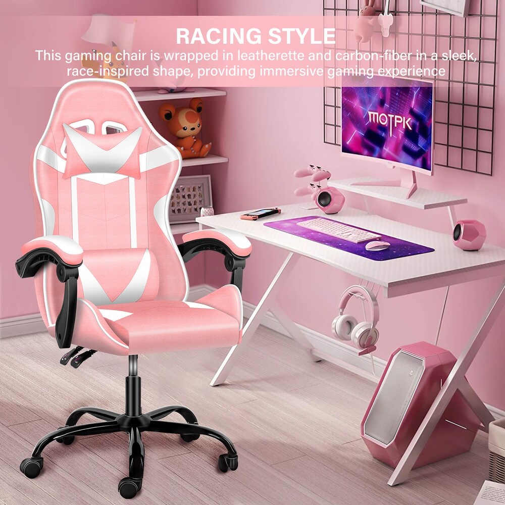 Simple Deluxe Gaming Chair  Office High Back Computer Ergonomic Adjustable Swivel Chair with Headrest and Lumbar Support  Pink