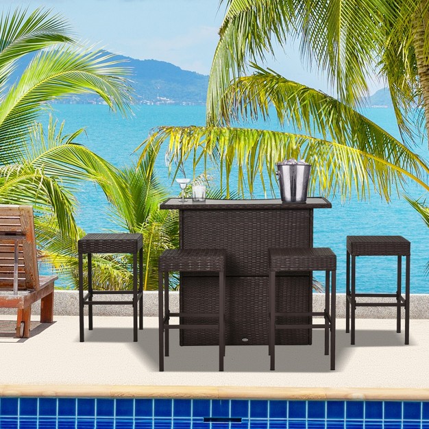 Outsunny 5 Pcs Rattan Wicker Bar Set High Top Outdoor Table And Chairs With Glass Top Storage Shelf And 4 Bar Stools For Poolside