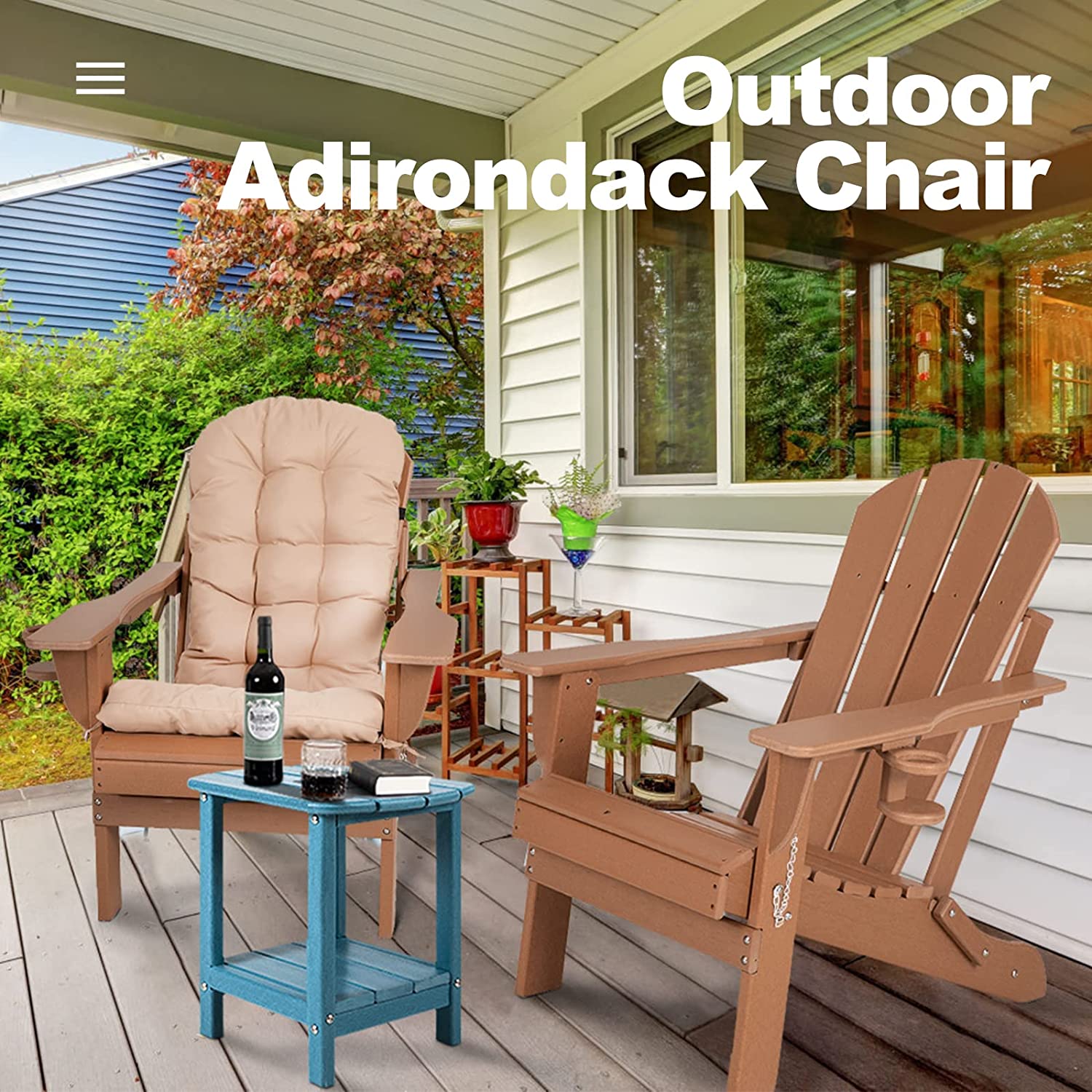 Nalone Folding Adirondack Chair with Cushion with Cup Holder, HDPE Plastic Oversized Patio Chair Weather Resistant(Teak)