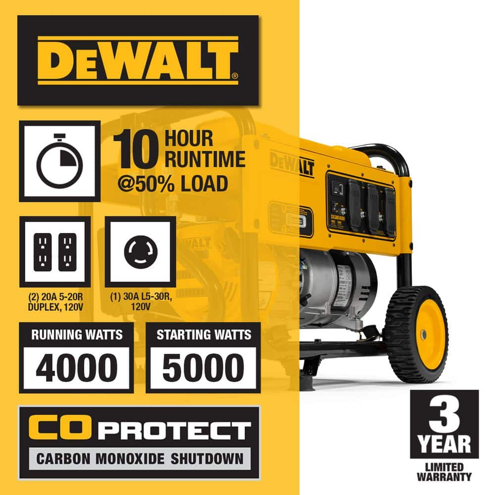 DEWALT 4000-Watt Manual Start Gas-Powered Portable Generator with Premium Engine, Covered Outlets and CO Protect DXGNR4000