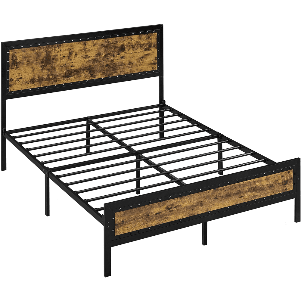 SMILE MART Industrial Metal Platform Bed with Wooden Headboard and Footboard, Rustic Brown, Queen