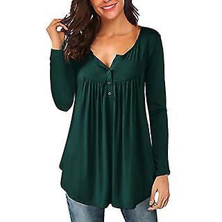 2021 Fall  New Women's V-neck Button Pleated Long-sleeve T-shirt Sleeves Two-wear Loose Top Green Xl  Xxl