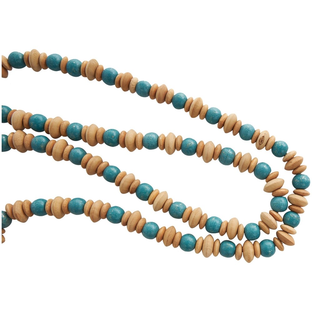 Teal Mango Wood Handmade Round Long Carved Beaded Garland with Tassel with Brown Beaded Disks