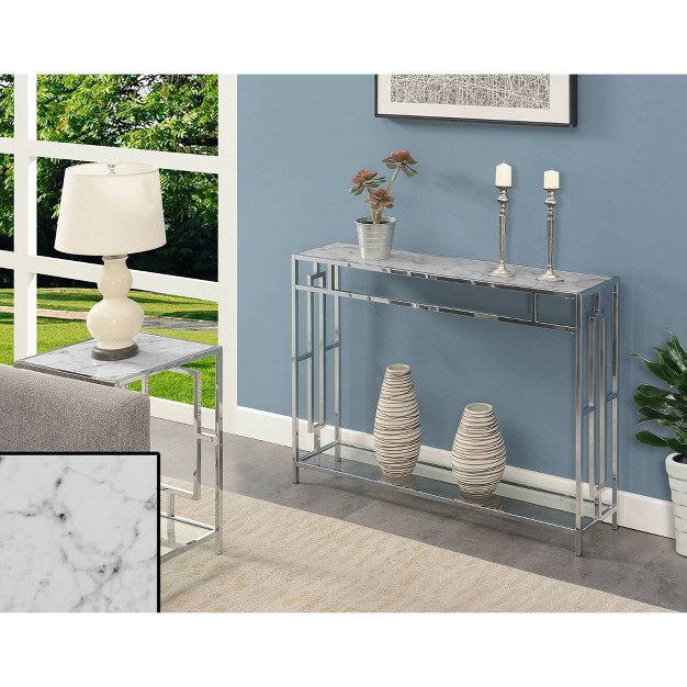 Town Square Chrome Console Table With Shelf White Faux Marble chrome Frame Breighton Home