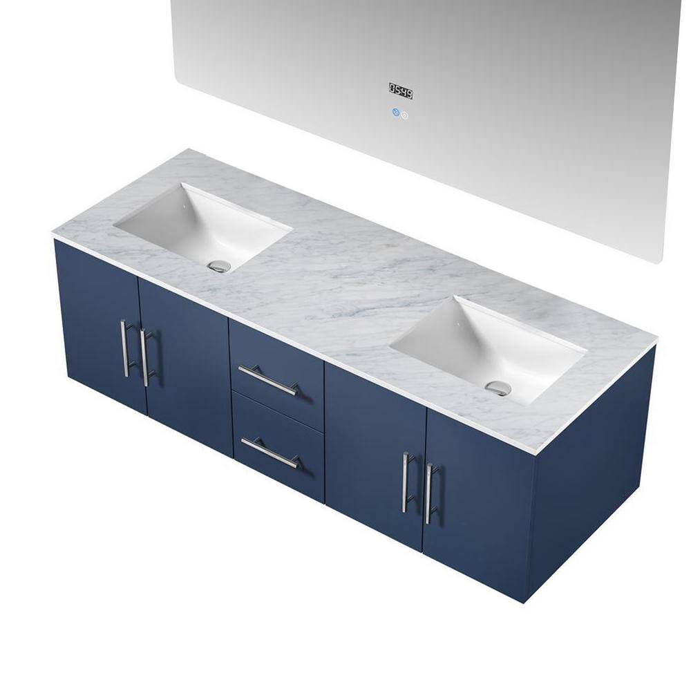 Lexora Geneva 60 in. W x 22 in. D Navy Blue Double Bath Vanity Carrara Marble Top and 60 in. LED Mirror LG192260DEDSLM60