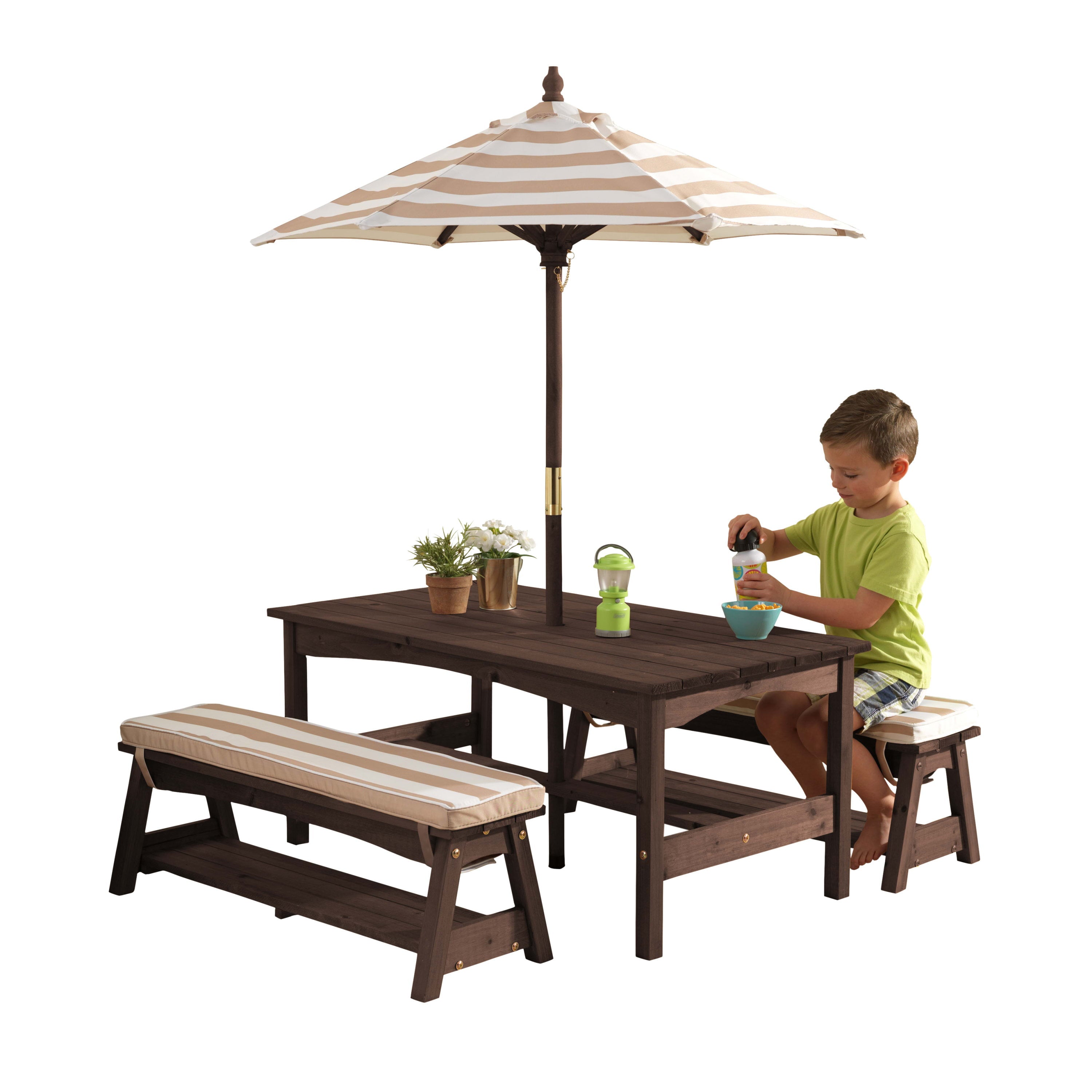 KidKraft KidKraft Outdoor Wooden Table & Bench with Cushions and Umbrella, Espresso