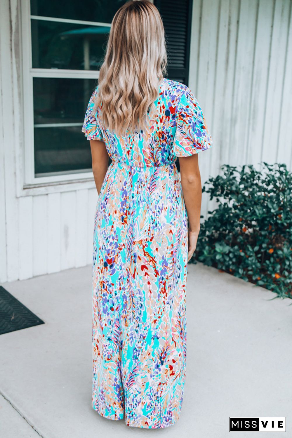 Green Wrap V Neck Floral Maxi Dress