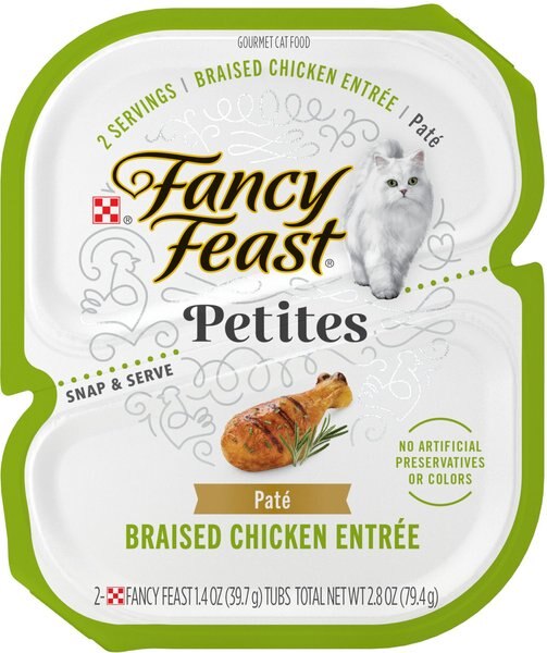 Fancy Feast Petites Gourmet Wet Cat Food Pate， Petites Braised Chicken Entree， 2.8-oz tub， case of 12， 12 count