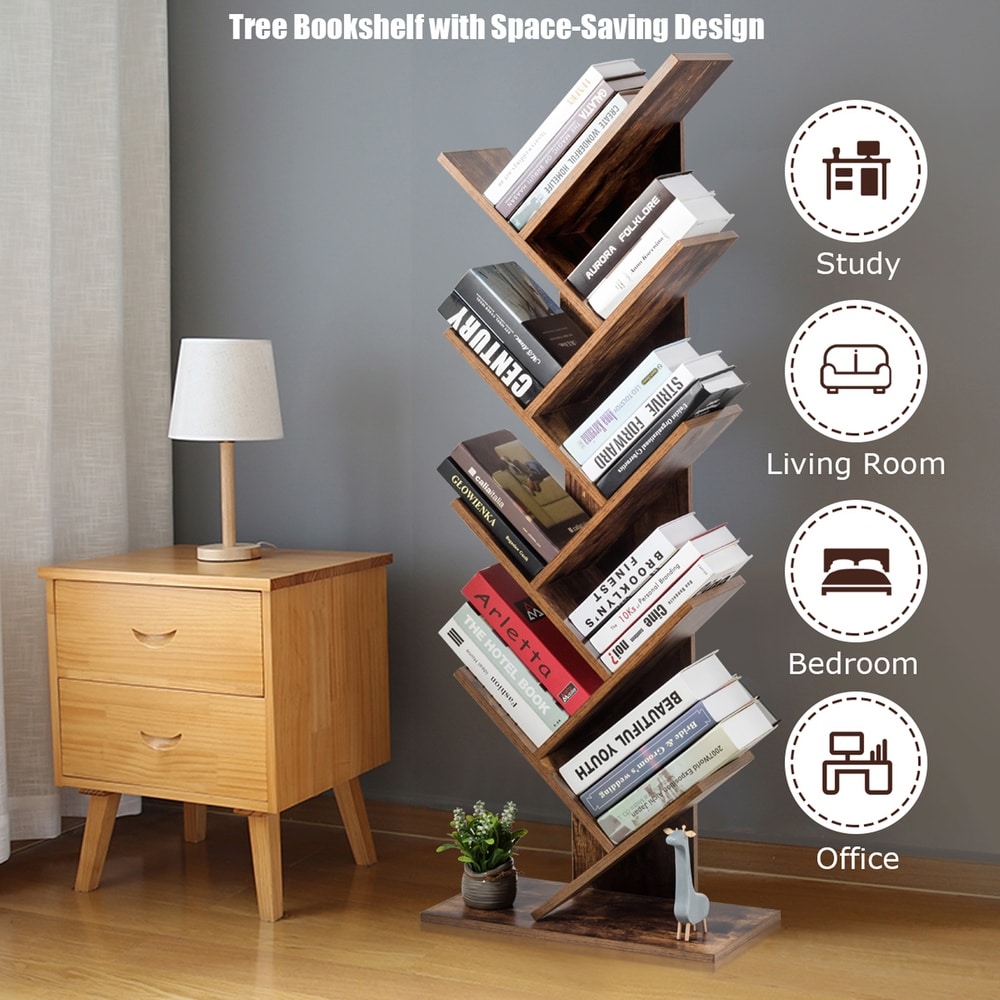 Gymax Tree Bookshelf 8 Tier Bookcase Free Standing Book Rack Display   34'' (L) x 11'' (W) x 37'' (H)