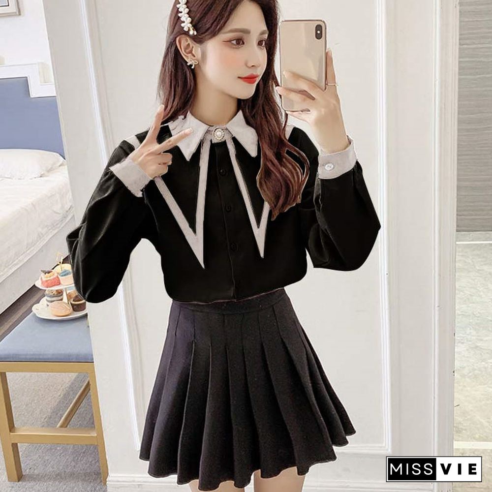 Lapel Shirt Pleated Skirt Two Piece Set