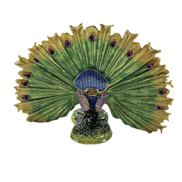 Hinged Trinket Box Peacock One Hinged Box Inches Eye Tail Feathers 3026 Metal Green