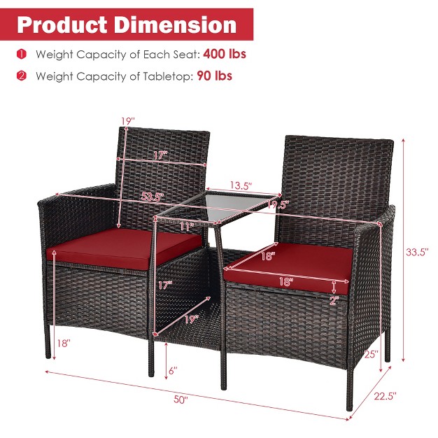 Costway Patio Rattan Wicker Conversation Set Sofa Cushioned Loveseat Glass Table