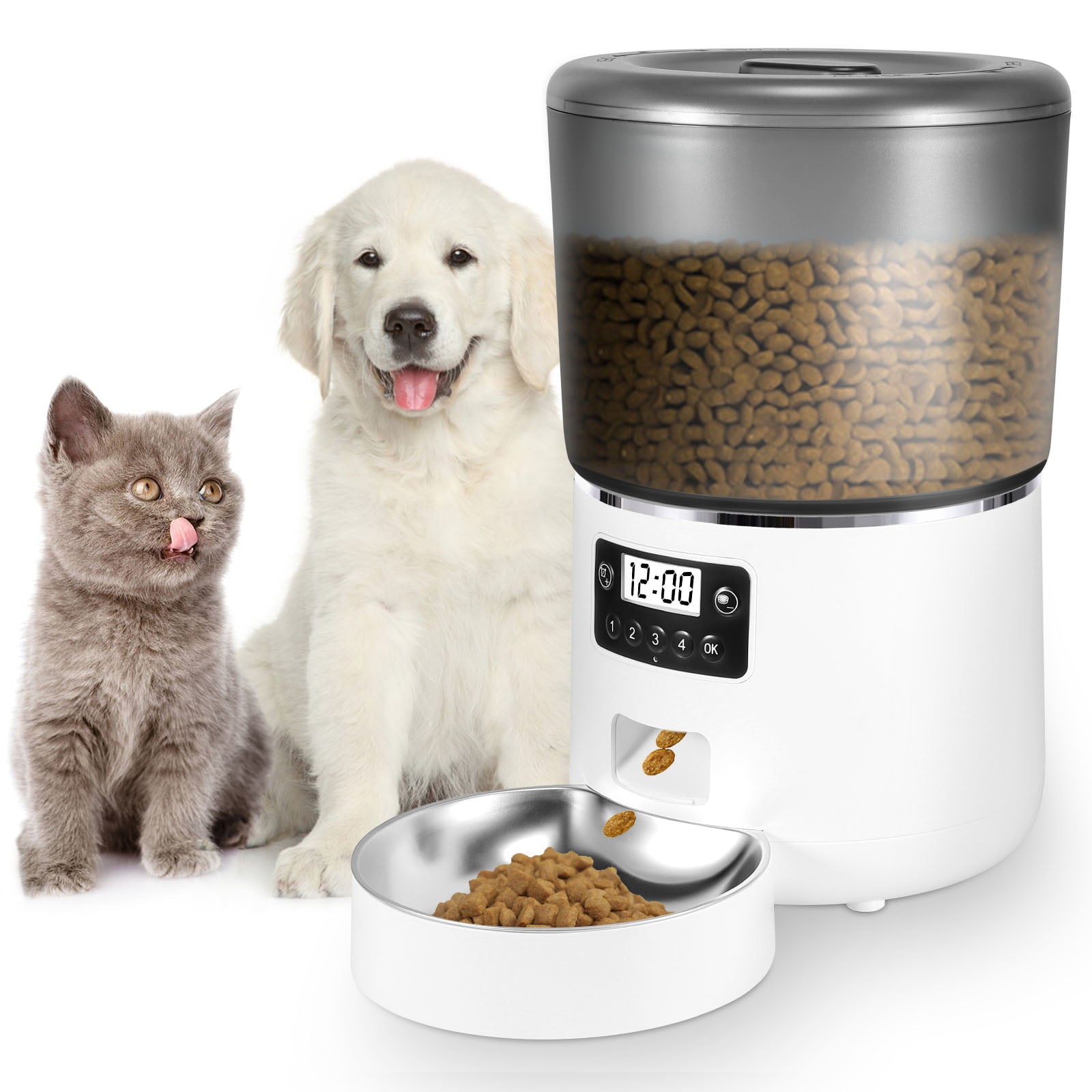 2BK Automatic Cat Feeder Pet Feeders 4L Stainless Steel Food Dispenser Programmable Time Control 4 Meals Battery and USB Power