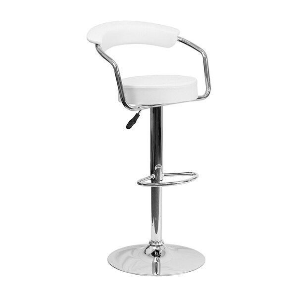 Offex Contemporary White Vinyl Adjustable Height Bar Stool With Arms And Chrome Base