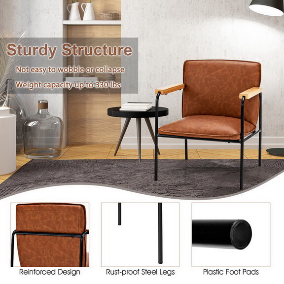 Costway PU Leather Accent Chair with Rubber Wood A...