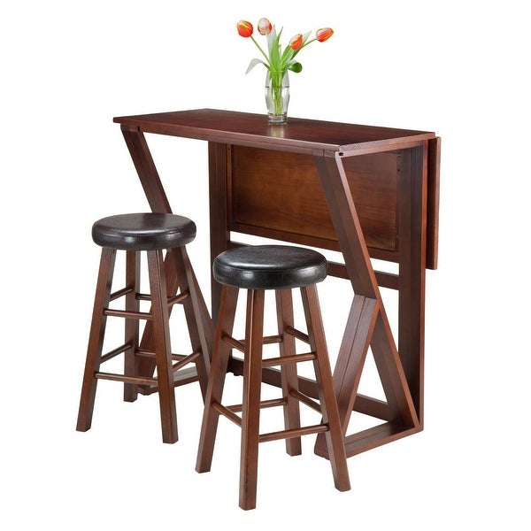 Wood Harrington 3-Pc Set， Drop Leaf Table and 2 Cushion Round Seat Counter Stools， Walnut Finish