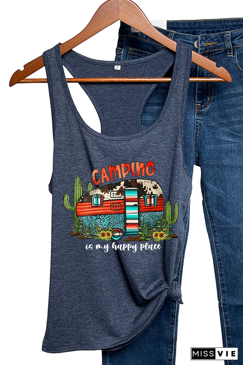 Camping is My Happy Place Printed Sleeveless Tank Top Wholesale