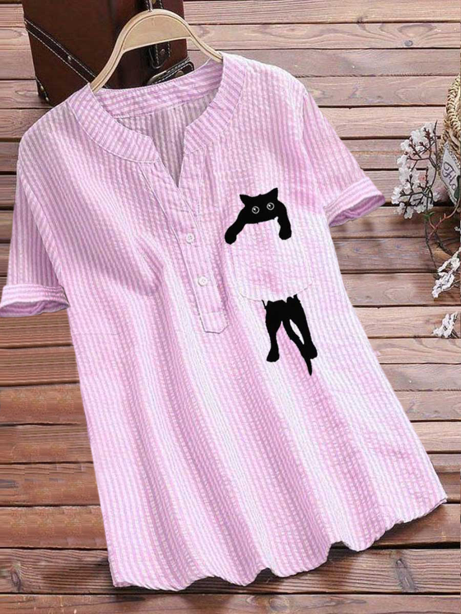 Cat Striped Print Loose Fashion Short Sleeve Blouse