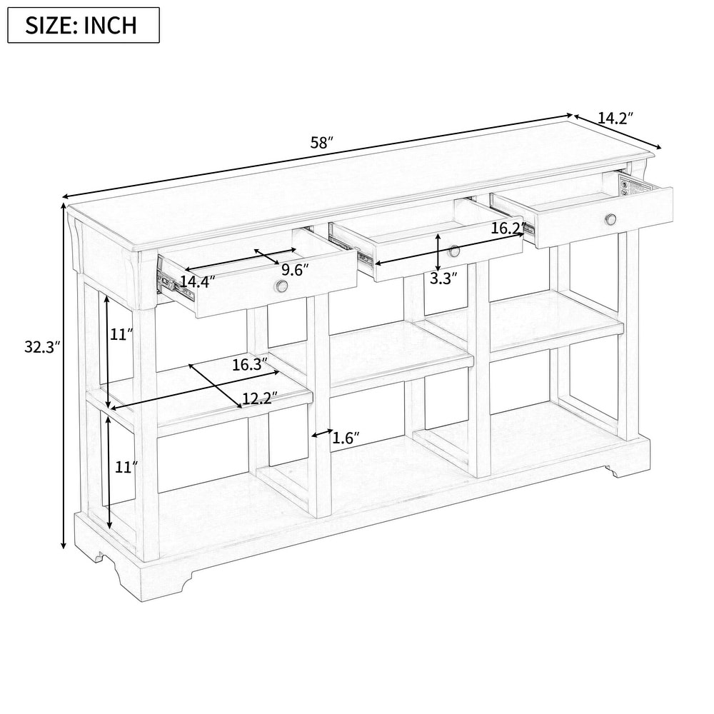 Retro Console Table/Sideboard with Ample Storage  Open Shelves Solid Wooden Frame and 3 Drawers for Living Room  Easy Assembly