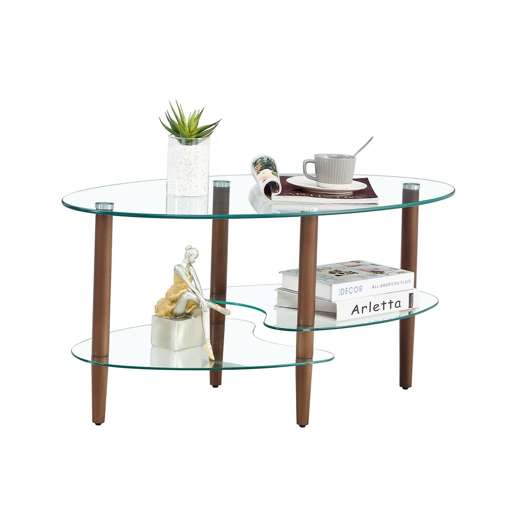 Oval glass coffee table  Transparent coffee table  modern table in living room with Oak wood legs  tea table