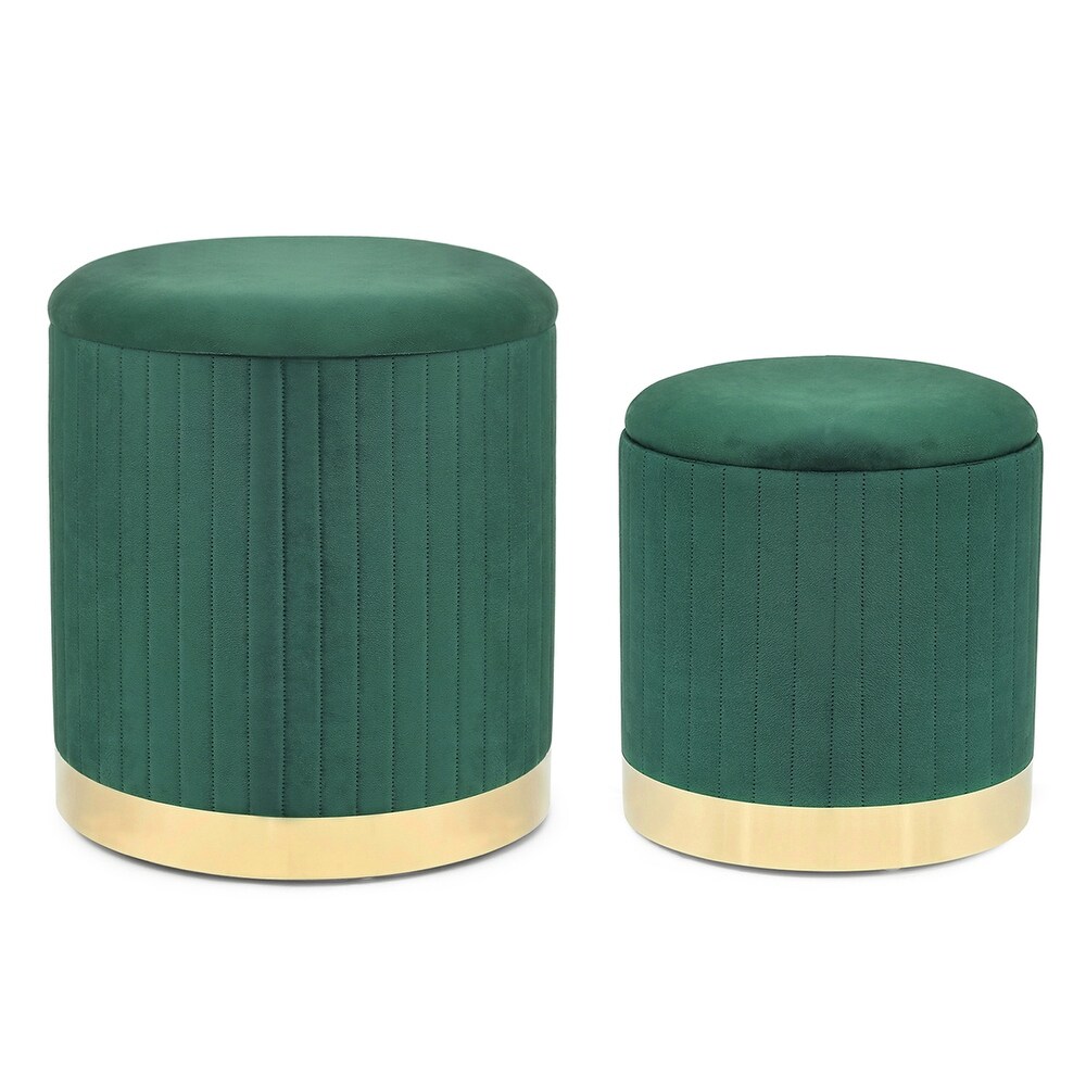 Adeco Round Velvet Storage Ottoman Vanity Stool Footstool (Pack of 2)