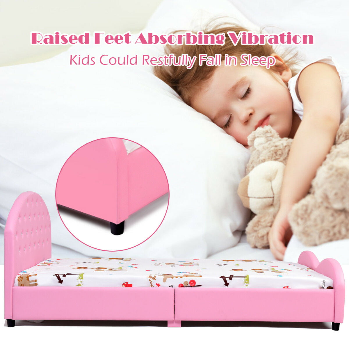 Costway Kids Children PU Upholstered Platform Wooden Princess Bed Bedroom Furniture Pink