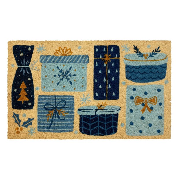 X 2 x27 4 quot Christmas Presents Indoor outdoor Coir Doormat Blue gold Entryways