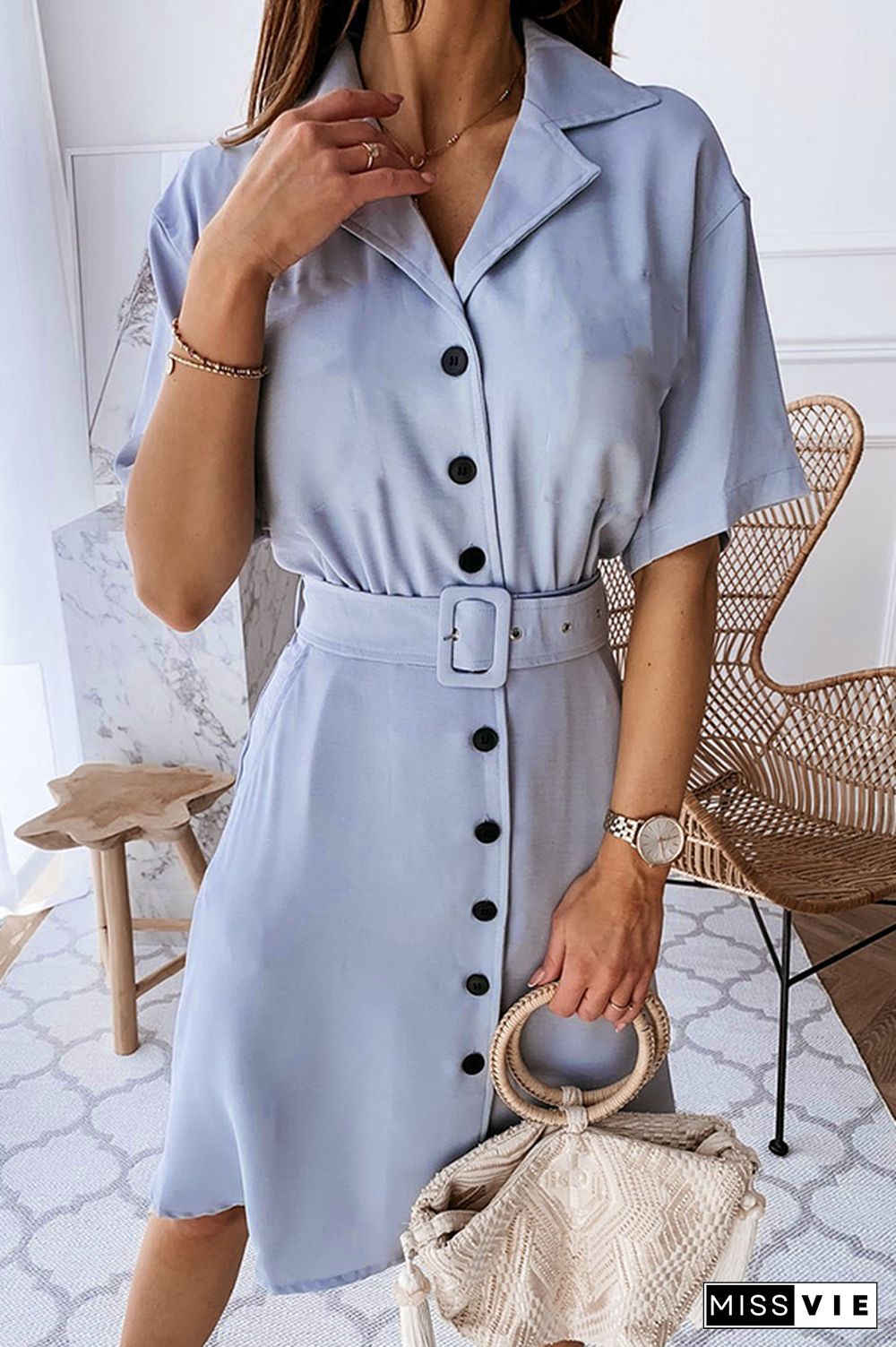 Casual Solid Buckle With Belt Turndown Collar Dresses