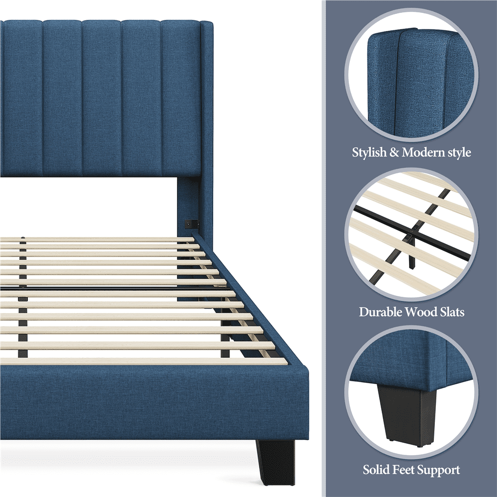 Yaheetech Upholstered Wingback Platform Bed with Support and Mattress Foundation, Full Size, Navy Blue