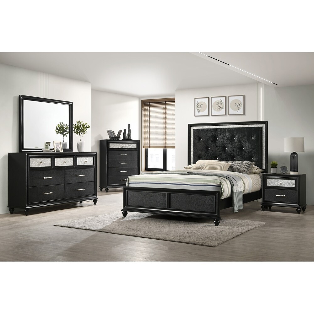 Susy 4 Piece Black Upholstered Tufted Panel Bedroom Set